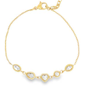Apportez une touche d'élégance et de romantisme à votre poignet avec ce délicat bracelet en acier inoxydable doré. Alliant finesse et éclat, il se distingue par sa rangée de breloques géométriques minutieusement travaillées. Le bracelet met en valeur cinq charms sertis d'oxydes de zirconium scintillantes, chacun arborant une forme unique. Équipé d'un fermoir mousqueton sûr et d'une chaîne d'extension, il s'adapte facilement à toutes les tailles de poignet. Associez ce bracelet à son collier (<a href='https://www.mary-jane.fr/mws/popup.php?page=2&p=2&art=108156'>2D0856D</a>) pour une parure éblouissante.

