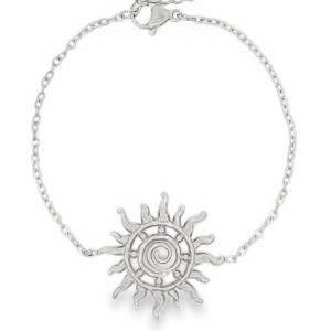 Ce bracelet délicat et lumineux en acier inoxydable capte parfaitement la lumière grâce à son design d'inspiration céleste. Le bracelet met à l'honneur un magnifique motif de soleil stylisé. Le centre est orné d'une spirale texturée, entourée de petits picots en relief et de rayons ondulés qui évoquent la chaleur et le mouvement. Équipé d'une chaînette d'extension pour s'adapter parfaitement à toutes les morphologies de poignets.