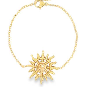 Ce bracelet délicat et lumineux en acier inoxydable capte parfaitement la lumière grâce à son design d'inspiration céleste. Le bracelet met à l'honneur un magnifique motif de soleil stylisé. Le centre est orné d'une spirale texturée, entourée de petits picots en relief et de rayons ondulés qui évoquent la chaleur et le mouvement. Équipé d'une chaînette d'extension pour s'adapter parfaitement à toutes les morphologies de poignets.