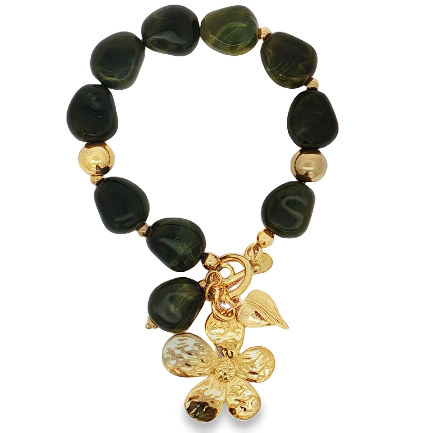 Sublime bracelet de perles vertes, un bijou chaleureux et élégant.<br/>Chaque perle cabochon, d'une teinte vert riche, est soigneusement polie pour une brillance éclatante.<br/>Le fermoir en acier doré ajoute une touche de luxe discret à ce bracelet artisanal avec des pendants en forme de fleur et feuille. Feuille Perle Adolescent Adulte Automne Femme Fille Fleurs Hiver Nature Sublime bracelet de perles vertes, un bijou chaleureux et élégant.<br/>Chaque perle cabochon, d'une teinte vert riche, est soigneusement polie pour une brillance éclatante.<br/>Le fermoir en acier doré ajoute une touche de luxe discret à ce bracelet artisanal avec des pendants en forme de fleur et feuille. Feuille Perle Adolescent Adulte Automne Femme Fille Fleurs Hiver Nature