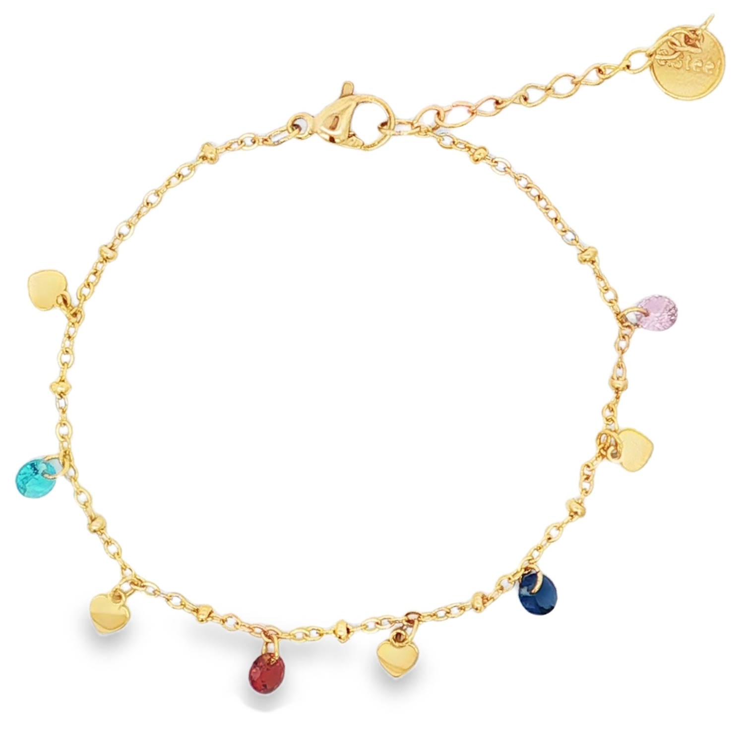 Ce bracelet à breloques en acier doré est une pièce délicate et pétillante.<br/>Orné de cristaux multicolore taille cabochon, il apporte une touche de couleur et de fantaisie.<br/>Idéal pour ajouter un éclat subtil à votre tenue quotidienne, ce bijou raffiné se distingue par sa légèreté et son charme.<br/>Fermoir mousqueton avec 3 cm de rallonge. Coeur Strass Adolescent Adulte Amour Femme Fille Indémodable Ce bracelet à breloques en acier doré est une pièce délicate et pétillante.<br/>Orné de cristaux multicolore taille cabochon, il apporte une touche de couleur et de fantaisie.<br/>Idéal pour ajouter un éclat subtil à votre tenue quotidienne, ce bijou raffiné se distingue par sa légèreté et son charme.<br/>Fermoir mousqueton avec 3 cm de rallonge. Coeur Strass Adolescent Adulte Amour Femme Fille Indémodable