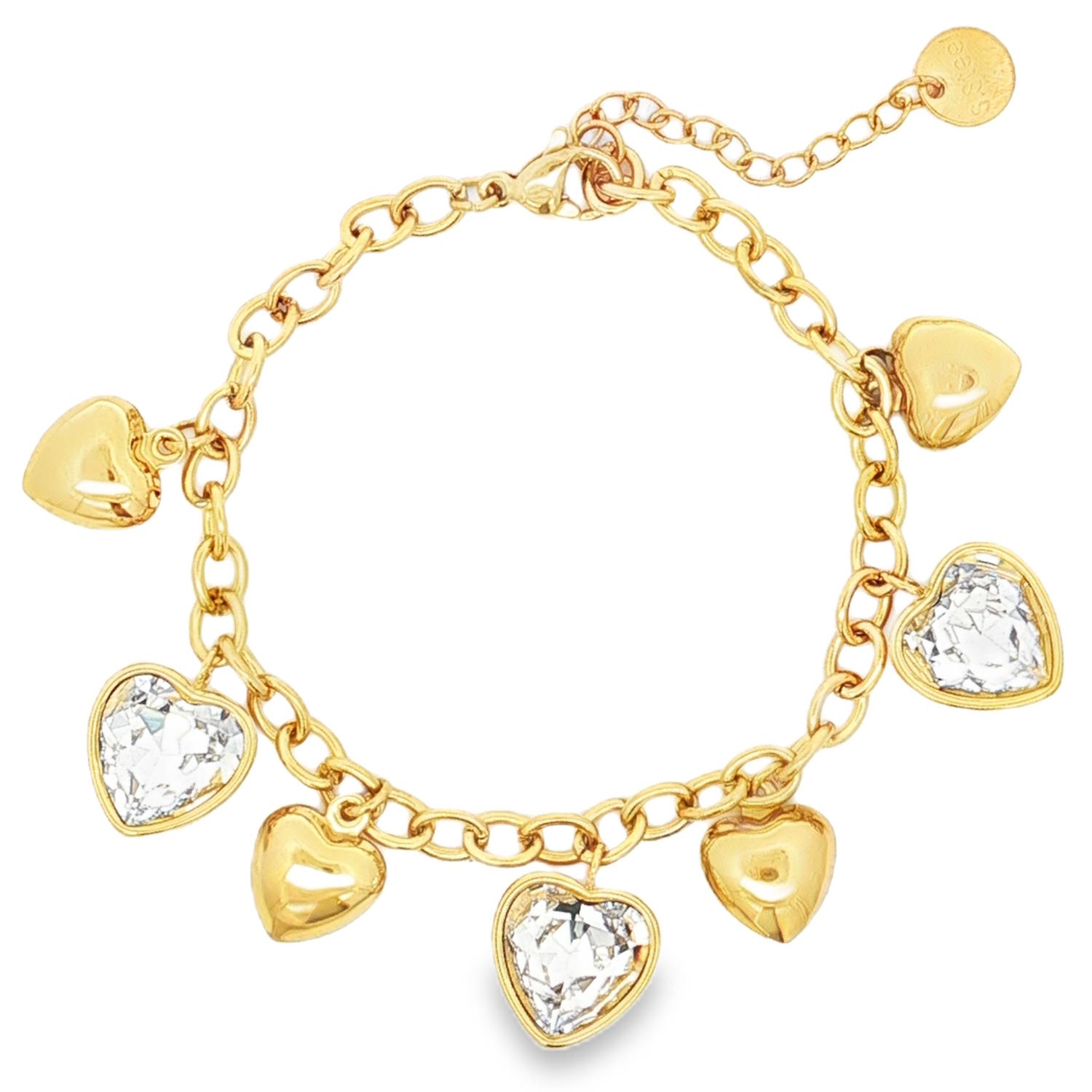 Rehaussez votre style avec ce charmant bracelet en acier doré, orné de délicats cœurs en cristal.<br/>Le cristal, taillé en brillant, offre une clarté VVS et une symétrie excellente.<br/>Sa composition et son arrangement apportent une touche d'élégance et de raffinement à votre poignet, faisant de ce bracelet un accessoire incontournable pour toutes les occasions.<br/>Fermoir mousqueton avec 3 cm de rallonge. Coeur Strass Adolescent Adulte Amour Femme Fille Indémodable Rehaussez votre style avec ce charmant bracelet en acier doré, orné de délicats cœurs en cristal.<br/>Le cristal, taillé en brillant, offre une clarté VVS et une symétrie excellente.<br/>Sa composition et son arrangement apportent une touche d'élégance et de raffinement à votre poignet, faisant de ce bracelet un accessoire incontournable pour toutes les occasions.<br/>Fermoir mousqueton avec 3 cm de rallonge. Coeur Strass Adolescent Adulte Amour Femme Fille Indémodable