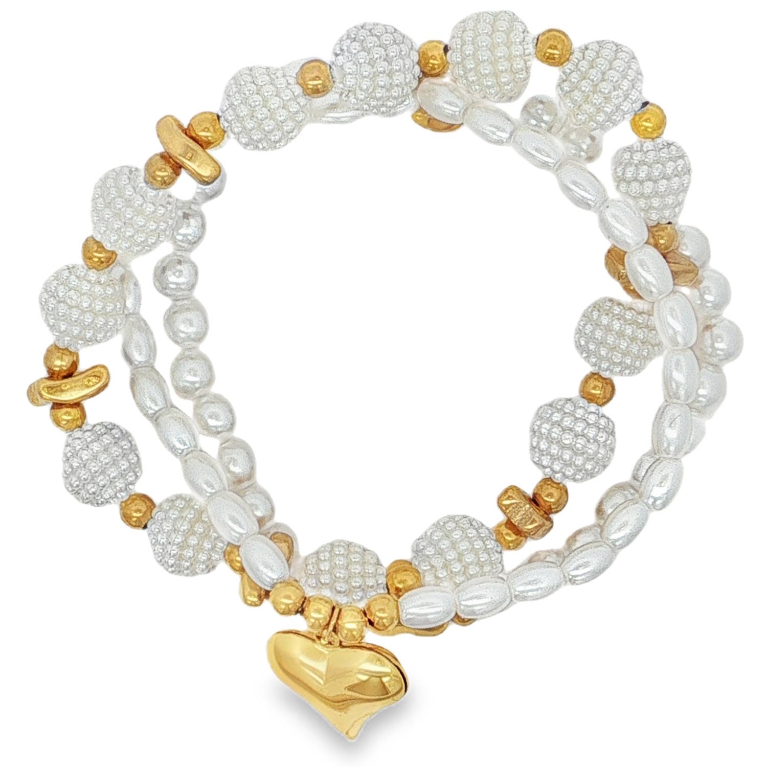 Ce bracelet élastique sophistiqué allie avec audace le charme classique des perles et la modernité de l'acier. Conçu avec trois rangs distincts, il offre un effet d'accumulation (stacking) parfaitement maîtrisé pour habiller votre poignet avec élégance.<br/>Un rang composé de perles nacrées ovales pour une touche de douceur.<br/>Un rang alternant de larges perles texturées diamantées et des perles lisses dorées.<br/>Un rang de fines perles blanches parfaitement alignées pour structurer l'ensemble.<br/>Le mélange du blanc nacré et de l'acier doré crée un contraste lumineux qui capte la lumière à chaque mouvement.<br/>Le bracelet est sublimé par un coeur et une breloque en forme de cœur bombé en acier doré, apportant une note romantique et moderne. Coeur Elastique Multirangs Perle Adolescent Adulte Amour Femme Fille Indémodable Ce bracelet élastique sophistiqué allie avec audace le charme classique des perles et la modernité de l'acier. Conçu avec trois rangs distincts, il offre un effet d'accumulation (stacking) parfaitement maîtrisé pour habiller votre poignet avec élégance.<br/>Un rang composé de perles nacrées ovales pour une touche de douceur.<br/>Un rang alternant de larges perles texturées diamantées et des perles lisses dorées.<br/>Un rang de fines perles blanches parfaitement alignées pour structurer l'ensemble.<br/>Le mélange du blanc nacré et de l'acier doré crée un contraste lumineux qui capte la lumière à chaque mouvement.<br/>Le bracelet est sublimé par un coeur et une breloque en forme de cœur bombé en acier doré, apportant une note romantique et moderne. Coeur Elastique Multirangs Perle Adolescent Adulte Amour Femme Fille Indémodable
