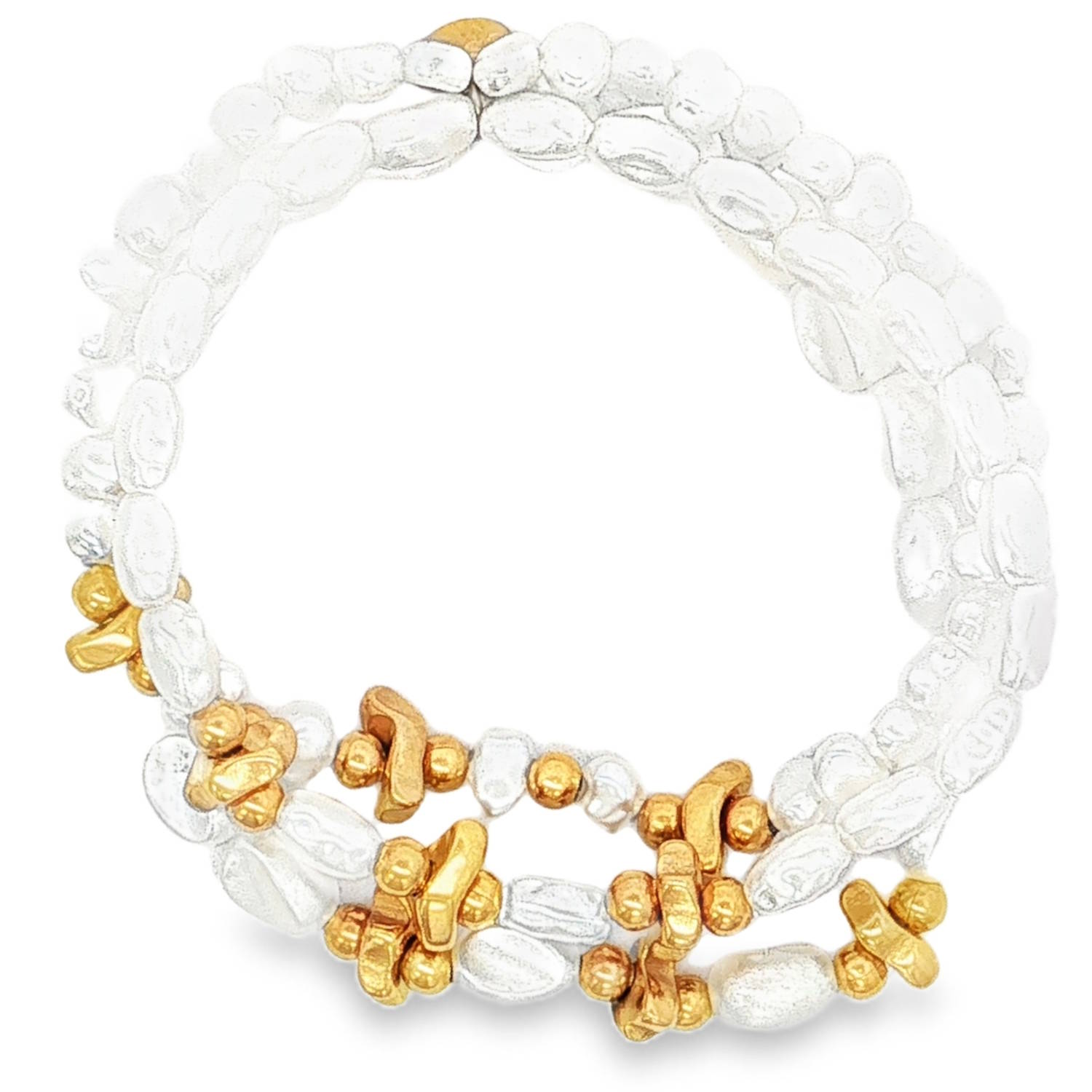 Cet ensemble de trois bracelets élastiques se distingue par son allure à la fois organique et sophistiquée, mêlant subtilement des textures artisanales à un contraste de couleurs intemporel.<br/>Le corps principal des bracelets est composé de perles d'imitation aux formes organiques et irrégulières.<br/>Pour rompre la monotonie, des éléments structuraux en acier inoxydable doré ponctuent le design. Ces breloques géométriques — de petites croix stylisées et des sphères polies — apportent une chaleur luxueuse et un relief tactile unique. Lot Perle Adolescent Adulte Femme Fille Indémodable Cet ensemble de trois bracelets élastiques se distingue par son allure à la fois organique et sophistiquée, mêlant subtilement des textures artisanales à un contraste de couleurs intemporel.<br/>Le corps principal des bracelets est composé de perles d'imitation aux formes organiques et irrégulières.<br/>Pour rompre la monotonie, des éléments structuraux en acier inoxydable doré ponctuent le design. Ces breloques géométriques — de petites croix stylisées et des sphères polies — apportent une chaleur luxueuse et un relief tactile unique. Lot Perle Adolescent Adulte Femme Fille Indémodable