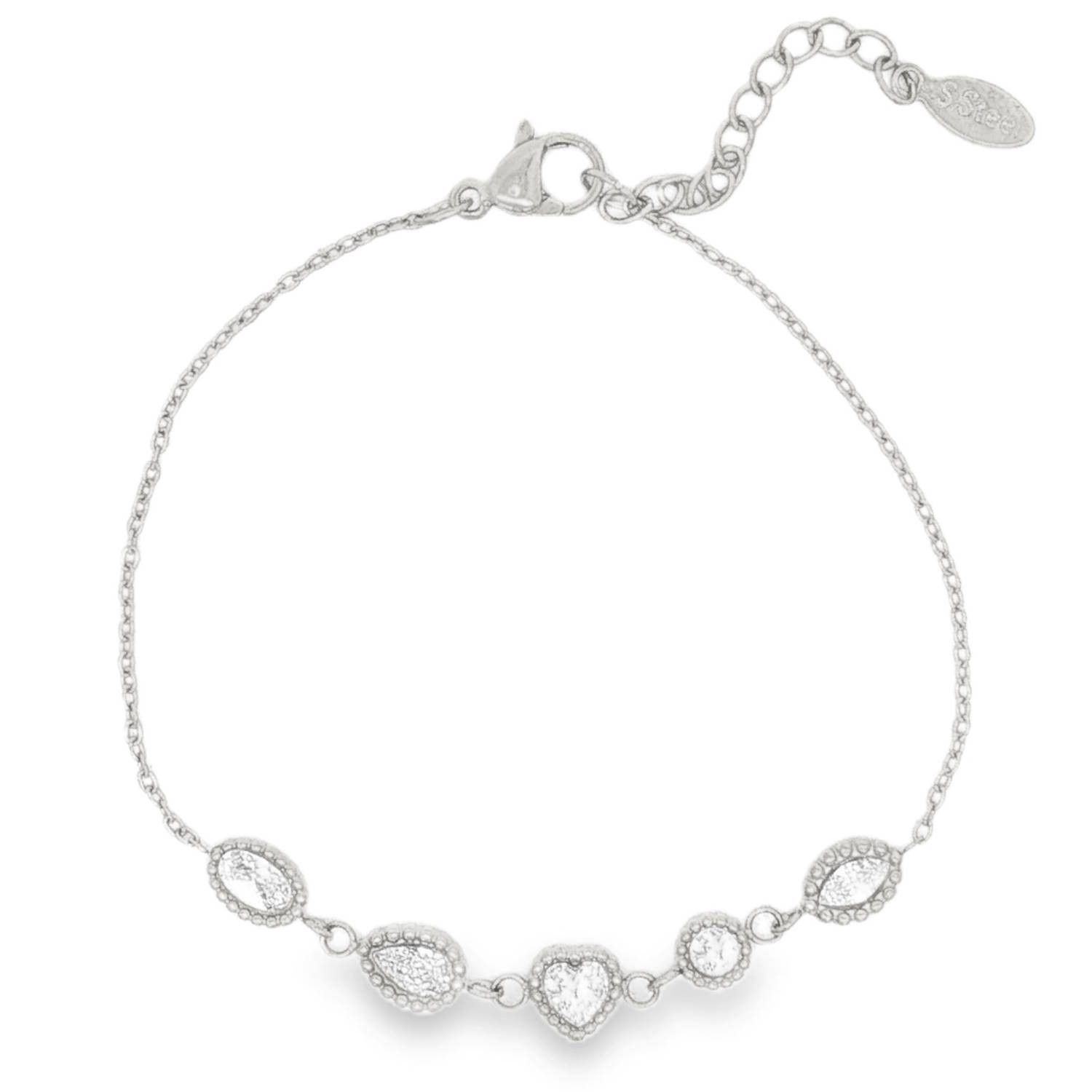 Apportez une touche d'élégance et de romantisme à votre poignet avec ce délicat bracelet en acier inoxydable argenté. Alliant finesse et éclat, il se distingue par sa rangée de breloques géométriques minutieusement travaillées.<br/>Le bracelet met en valeur cinq charms sertis d'oxydes de zirconium scintillantes, chacun arborant une forme unique.<br/>Équipé d'un fermoir mousqueton sûr et d'une chaîne d'extension, il s'adapte facilement à toutes les tailles de poignet.<br/>Associez ce bracelet à son collier (<a href='https://www.mary-jane.fr/mws/popup.php?page=2&p=3&art=108155'>2D0856A</a>) pour une parure éblouissante.
Coeur Strass Adolescent Adulte Amour Femme Fille Indémodable Apportez une touche d'élégance et de romantisme à votre poignet avec ce délicat bracelet en acier inoxydable argenté. Alliant finesse et éclat, il se distingue par sa rangée de breloques géométriques minutieusement travaillées.<br/>Le bracelet met en valeur cinq charms sertis d'oxydes de zirconium scintillantes, chacun arborant une forme unique.<br/>Équipé d'un fermoir mousqueton sûr et d'une chaîne d'extension, il s'adapte facilement à toutes les tailles de poignet.<br/>Associez ce bracelet à son collier (<a href='https://www.mary-jane.fr/mws/popup.php?page=2&p=3&art=108155'>2D0856A</a>) pour une parure éblouissante.
Coeur Strass Adolescent Adulte Amour Femme Fille Indémodable