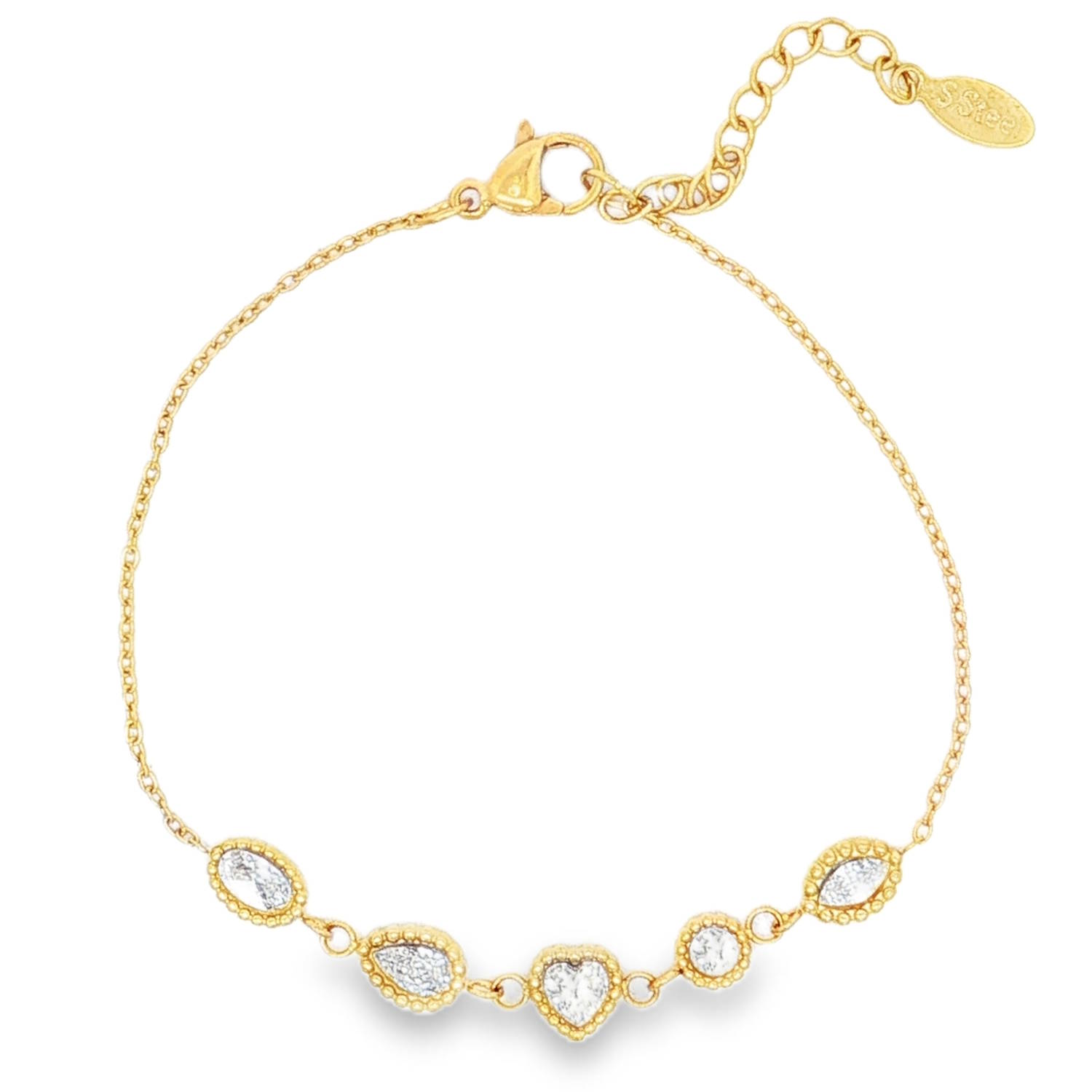 Apportez une touche d'élégance et de romantisme à votre poignet avec ce délicat bracelet en acier inoxydable doré. Alliant finesse et éclat, il se distingue par sa rangée de breloques géométriques minutieusement travaillées.<br/>Le bracelet met en valeur cinq charms sertis d'oxydes de zirconium scintillantes, chacun arborant une forme unique.<br/>Équipé d'un fermoir mousqueton sûr et d'une chaîne d'extension, il s'adapte facilement à toutes les tailles de poignet.<br/>Associez ce bracelet à son collier (<a href='https://www.mary-jane.fr/mws/popup.php?page=2&p=2&art=108156'>2D0856D</a>) pour une parure éblouissante.
Coeur Adolescent Adulte Amour Femme Fille Indémodable Apportez une touche d'élégance et de romantisme à votre poignet avec ce délicat bracelet en acier inoxydable doré. Alliant finesse et éclat, il se distingue par sa rangée de breloques géométriques minutieusement travaillées.<br/>Le bracelet met en valeur cinq charms sertis d'oxydes de zirconium scintillantes, chacun arborant une forme unique.<br/>Équipé d'un fermoir mousqueton sûr et d'une chaîne d'extension, il s'adapte facilement à toutes les tailles de poignet.<br/>Associez ce bracelet à son collier (<a href='https://www.mary-jane.fr/mws/popup.php?page=2&p=2&art=108156'>2D0856D</a>) pour une parure éblouissante.
Coeur Adolescent Adulte Amour Femme Fille Indémodable