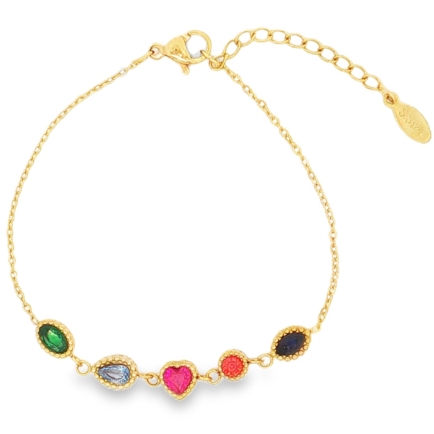 Apportez une touche d'élégance et de romantisme à votre poignet avec ce délicat bracelet en acier inoxydable doré. Alliant finesse et éclat, il se distingue par sa rangée de breloques géométriques minutieusement travaillées.<br/>Ce bijou se distingue par sa chaîne singulière et son alignement de cinq charms géométriques aux couleurs vibrantes.<br/>Chaque pampille est sertie d'un cristal étincelant, délicatement entouré d'une bordure perlée rétro : Un ovale vert émeraude profond ; Une goutte bleu azur lumineux; Un cœur rose fuchsia romantique ; Un rond rouge rubis éclatant ; Un navette bleu nuit mystérieux.<br/>Équipé d'un fermoir mousqueton sûr et d'une chaîne d'extension, il s'adapte facilement à toutes les tailles de poignet.<br/>Associez ce bracelet à son collier (<a href='https://www.mary-jane.fr/mws/popup.php?page=2&p=2&art=108157'>2D0856M</a>) pour une parure éblouissante.
Coeur Adolescent Adulte Amour Femme Fille Indémodable Apportez une touche d'élégance et de romantisme à votre poignet avec ce délicat bracelet en acier inoxydable doré. Alliant finesse et éclat, il se distingue par sa rangée de breloques géométriques minutieusement travaillées.<br/>Ce bijou se distingue par sa chaîne singulière et son alignement de cinq charms géométriques aux couleurs vibrantes.<br/>Chaque pampille est sertie d'un cristal étincelant, délicatement entouré d'une bordure perlée rétro : Un ovale vert émeraude profond ; Une goutte bleu azur lumineux; Un cœur rose fuchsia romantique ; Un rond rouge rubis éclatant ; Un navette bleu nuit mystérieux.<br/>Équipé d'un fermoir mousqueton sûr et d'une chaîne d'extension, il s'adapte facilement à toutes les tailles de poignet.<br/>Associez ce bracelet à son collier (<a href='https://www.mary-jane.fr/mws/popup.php?page=2&p=2&art=108157'>2D0856M</a>) pour une parure éblouissante.
Coeur Adolescent Adulte Amour Femme Fille Indémodable