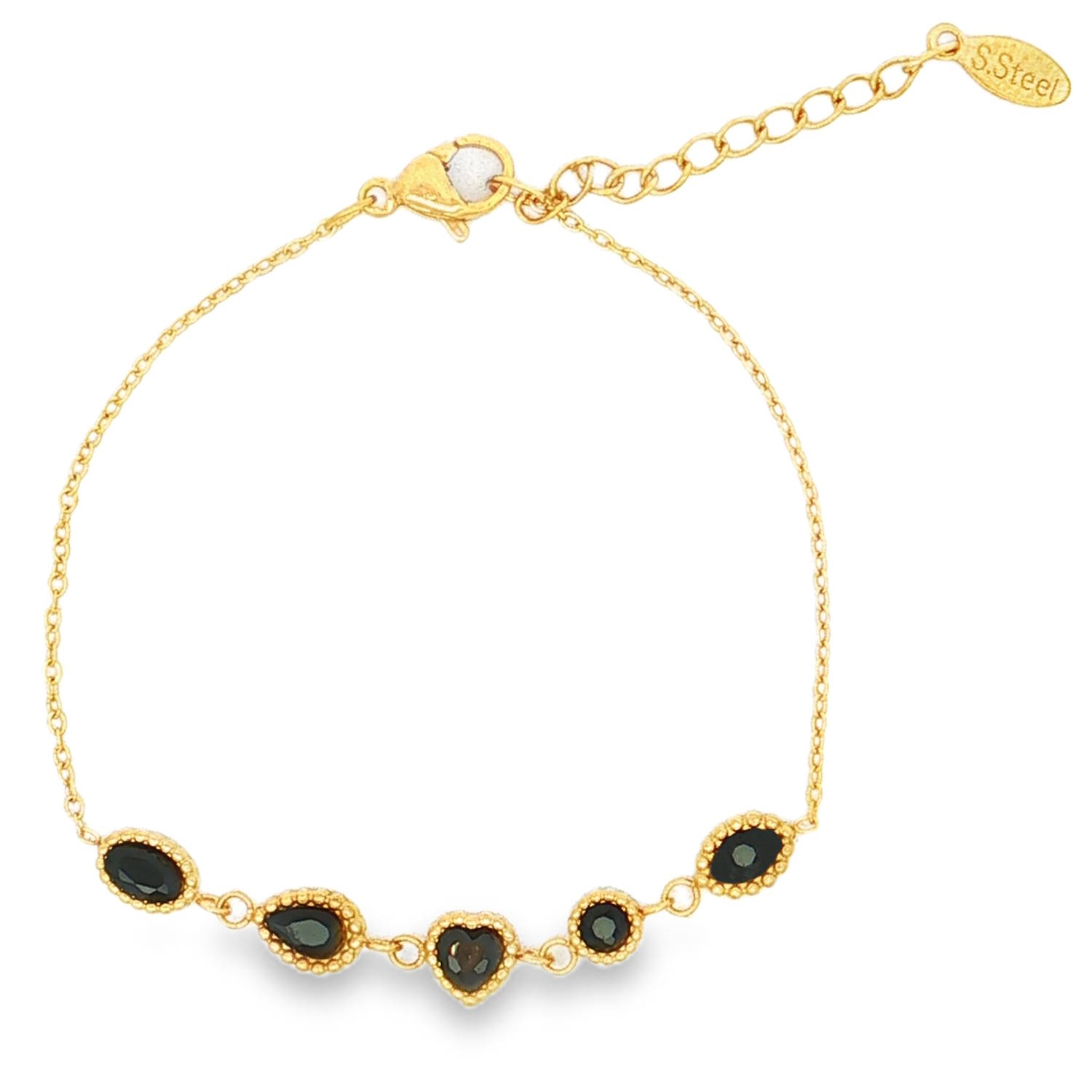 Apportez une touche d'élégance et de romantisme à votre poignet avec ce délicat bracelet en acier inoxydable doré. Alliant finesse et éclat, il se distingue par sa rangée de breloques géométriques minutieusement travaillées.<br/>Le centre du bracelet est orné d'une délicate succession de cinq pierres facettées d'un noir profond, chacune sertie de petites billes dorées style perlé.<br/>Équipé d'un fermoir mousqueton sûr et d'une chaîne d'extension, il s'adapte facilement à toutes les tailles de poignet. Coeur Adolescent Adulte Amour Femme Fille Indémodable Apportez une touche d'élégance et de romantisme à votre poignet avec ce délicat bracelet en acier inoxydable doré. Alliant finesse et éclat, il se distingue par sa rangée de breloques géométriques minutieusement travaillées.<br/>Le centre du bracelet est orné d'une délicate succession de cinq pierres facettées d'un noir profond, chacune sertie de petites billes dorées style perlé.<br/>Équipé d'un fermoir mousqueton sûr et d'une chaîne d'extension, il s'adapte facilement à toutes les tailles de poignet. Coeur Adolescent Adulte Amour Femme Fille Indémodable