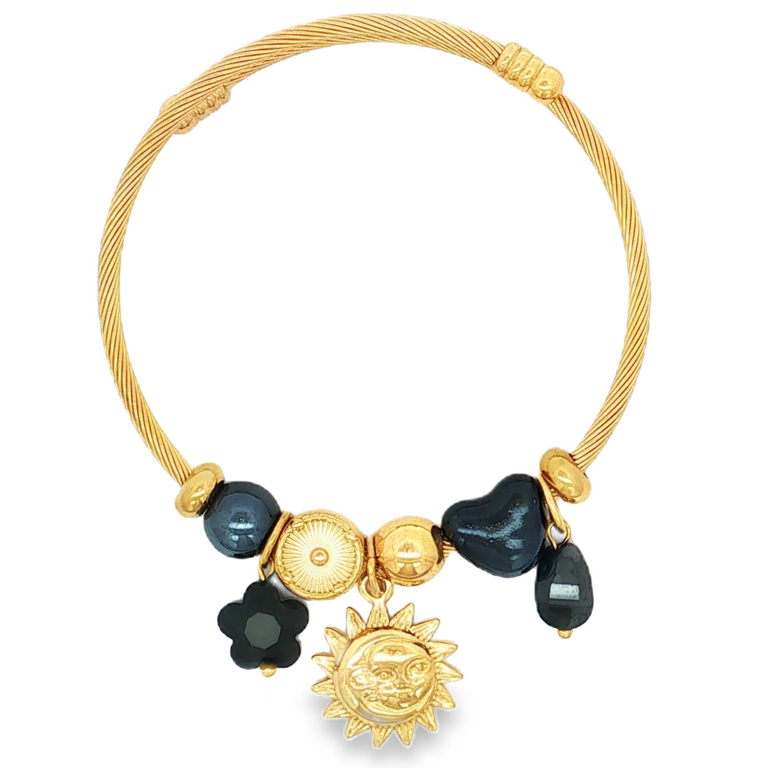 Apportez une touche de mystère et d'élégance céleste à votre poignet avec ce magnifique bracelet jonc pour femme.<br/>Alliant la robustesse de l'acier et le raffinement de finitions dorées éclatantes, ce bijou se distingue par son design texturé et ses charms soigneusement sélectionnés.<br/>Un jonc rigide en acier doré au fini torsadé (effet câble), offrant à la fois de superbes reflets de lumière et une excellente résistance au quotidien.<br/>Une magnifique médaille représentant un soleil souriant aux rayons flamboyants, symbole de vitalité et de clarté.<br/>Des perles en acier doré lisse et ciselé pour le contraste.<br/>Des éléments noirs profonds contrastants, incluant un charm en forme de fleur noire mat, une perle texturée en forme de cœur, et une délicate goutte noire suspendue. Coeur Jonc Rond Soleil Adolescent Adulte Amour Femme Fille Fleurs Indémodable Nature Apportez une touche de mystère et d'élégance céleste à votre poignet avec ce magnifique bracelet jonc pour femme.<br/>Alliant la robustesse de l'acier et le raffinement de finitions dorées éclatantes, ce bijou se distingue par son design texturé et ses charms soigneusement sélectionnés.<br/>Un jonc rigide en acier doré au fini torsadé (effet câble), offrant à la fois de superbes reflets de lumière et une excellente résistance au quotidien.<br/>Une magnifique médaille représentant un soleil souriant aux rayons flamboyants, symbole de vitalité et de clarté.<br/>Des perles en acier doré lisse et ciselé pour le contraste.<br/>Des éléments noirs profonds contrastants, incluant un charm en forme de fleur noire mat, une perle texturée en forme de cœur, et une délicate goutte noire suspendue. Coeur Jonc Rond Soleil Adolescent Adulte Amour Femme Fille Fleurs Indémodable Nature