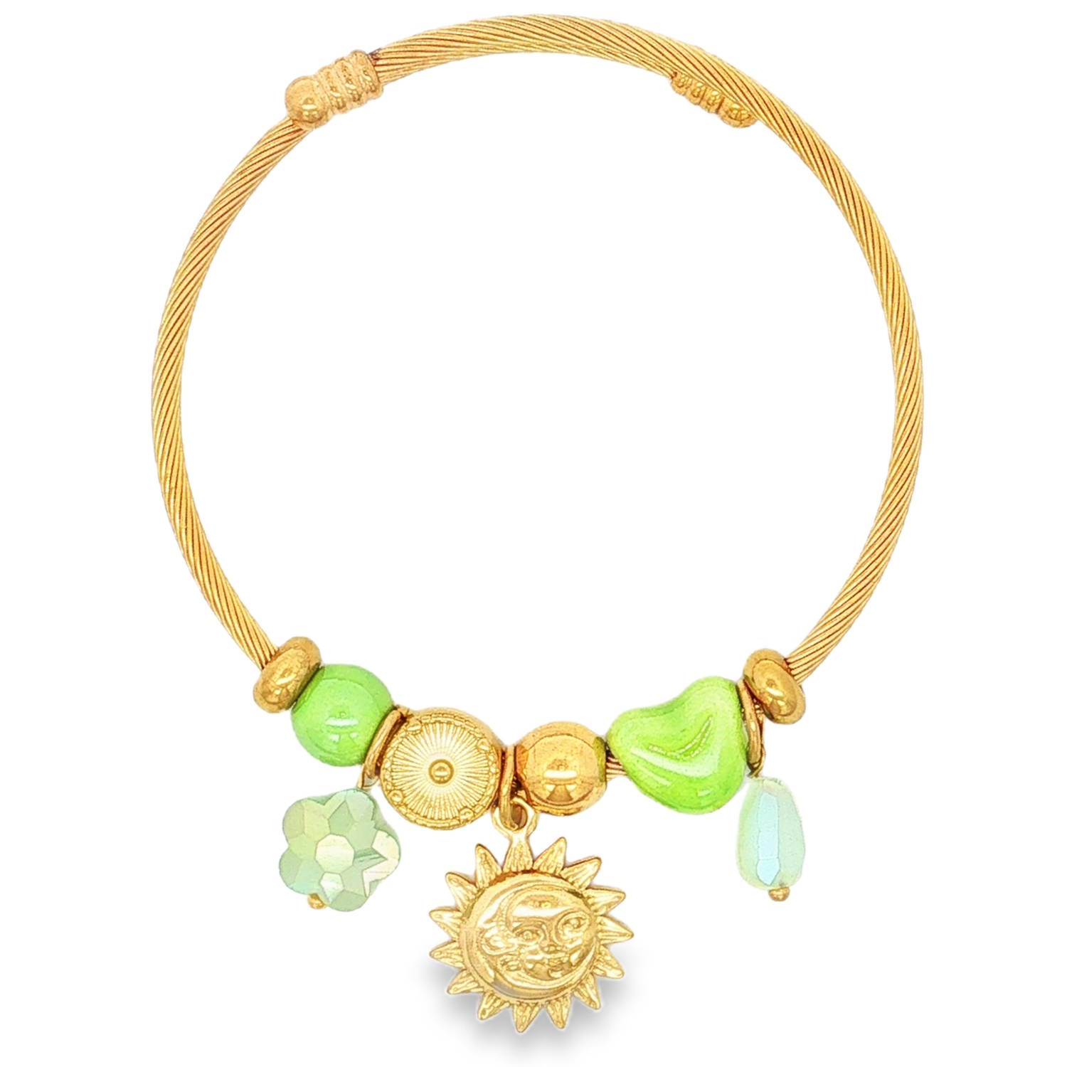Ce magnifique bracelet jonc pour femme allie élégance moderne et inspirations bohèmes. Conçu en acier inoxydable doré, il se distingue par sa structure en câble torsadé rigide mais flexible, offrant à la fois robustesse et éclat durable.<br/>Un jonc en maille câble torsadée dorée, doté d'un système de fermeture discret et sécurisé par des embouts travaillés.<br/>Une superbe médaille représentant un soleil souriant finement gravé, symbole de positivité et de lumière.<br/>Un assortiment asymétrique comprenant des perles dorées lisses et texturées (motif soleil/roue), associées à des perles en résine ou céramique d'un vert lime éclatant.<br/>Une perle en cristal facetté en forme de fleur vert menthe d'un côté, et une délicate perle en goutte d'eau translucide aux reflets opalescents de l'autre. Coeur Jonc Rond Soleil Adolescent Adulte Amour Femme Fille Fleurs Indémodable Nature Ce magnifique bracelet jonc pour femme allie élégance moderne et inspirations bohèmes. Conçu en acier inoxydable doré, il se distingue par sa structure en câble torsadé rigide mais flexible, offrant à la fois robustesse et éclat durable.<br/>Un jonc en maille câble torsadée dorée, doté d'un système de fermeture discret et sécurisé par des embouts travaillés.<br/>Une superbe médaille représentant un soleil souriant finement gravé, symbole de positivité et de lumière.<br/>Un assortiment asymétrique comprenant des perles dorées lisses et texturées (motif soleil/roue), associées à des perles en résine ou céramique d'un vert lime éclatant.<br/>Une perle en cristal facetté en forme de fleur vert menthe d'un côté, et une délicate perle en goutte d'eau translucide aux reflets opalescents de l'autre. Coeur Jonc Rond Soleil Adolescent Adulte Amour Femme Fille Fleurs Indémodable Nature