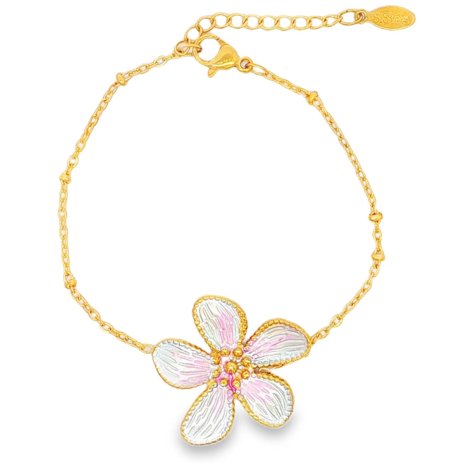 Ce délicat bracelet pour femme allie la robustesse de l’acier à la douceur d’un motif printanier. Un bijou à la fois poétique et moderne, parfait pour apporter une touche de fraîcheur et de couleur au quotidien.<br/>Au centre, une magnifique fleur à cinq pétales s'impose avec délicatesse. L'intérieur des pétales arbore un effet émaillé blanc nacré avec de légères nuances de rose pastel. Le cœur de la fleur et les bordures perlées des pétales sont rehaussés d'une dorure éclatante.<br/>Équipé d'une chaînette d'extension pour s'adapter parfaitement à toutes les morphologies de poignets. Adolescent Adulte Femme Fille Fleurs Indémodable Nature Ce délicat bracelet pour femme allie la robustesse de l’acier à la douceur d’un motif printanier. Un bijou à la fois poétique et moderne, parfait pour apporter une touche de fraîcheur et de couleur au quotidien.<br/>Au centre, une magnifique fleur à cinq pétales s'impose avec délicatesse. L'intérieur des pétales arbore un effet émaillé blanc nacré avec de légères nuances de rose pastel. Le cœur de la fleur et les bordures perlées des pétales sont rehaussés d'une dorure éclatante.<br/>Équipé d'une chaînette d'extension pour s'adapter parfaitement à toutes les morphologies de poignets. Adolescent Adulte Femme Fille Fleurs Indémodable Nature