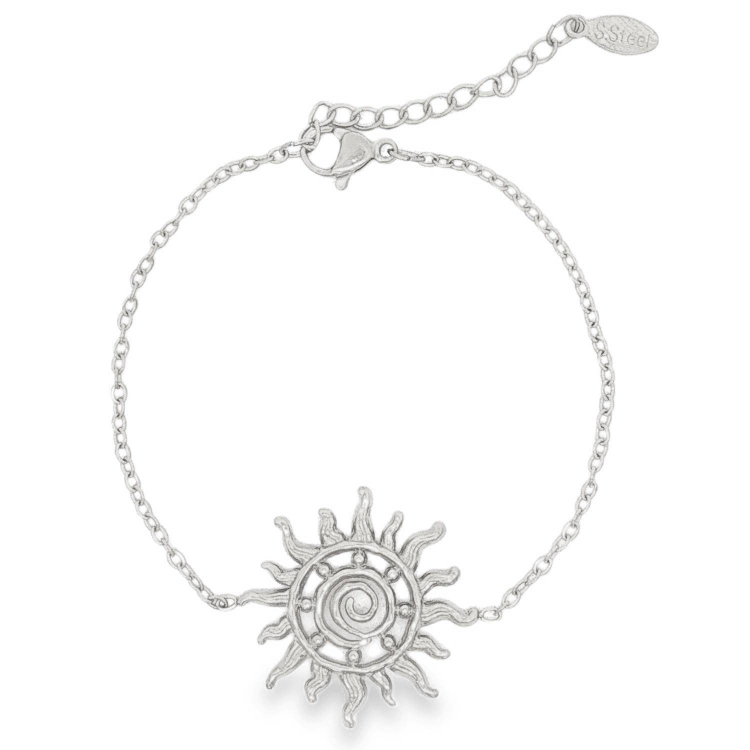 Ce bracelet délicat et lumineux en acier inoxydable capte parfaitement la lumière grâce à son design d'inspiration céleste.<br/>Le bracelet met à l'honneur un magnifique motif de soleil stylisé. Le centre est orné d'une spirale texturée, entourée de petits picots en relief et de rayons ondulés qui évoquent la chaleur et le mouvement.<br/>Équipé d'une chaînette d'extension pour s'adapter parfaitement à toutes les morphologies de poignets. Soleil Adolescent Adulte Femme Fille Indémodable Nature Ce bracelet délicat et lumineux en acier inoxydable capte parfaitement la lumière grâce à son design d'inspiration céleste.<br/>Le bracelet met à l'honneur un magnifique motif de soleil stylisé. Le centre est orné d'une spirale texturée, entourée de petits picots en relief et de rayons ondulés qui évoquent la chaleur et le mouvement.<br/>Équipé d'une chaînette d'extension pour s'adapter parfaitement à toutes les morphologies de poignets. Soleil Adolescent Adulte Femme Fille Indémodable Nature