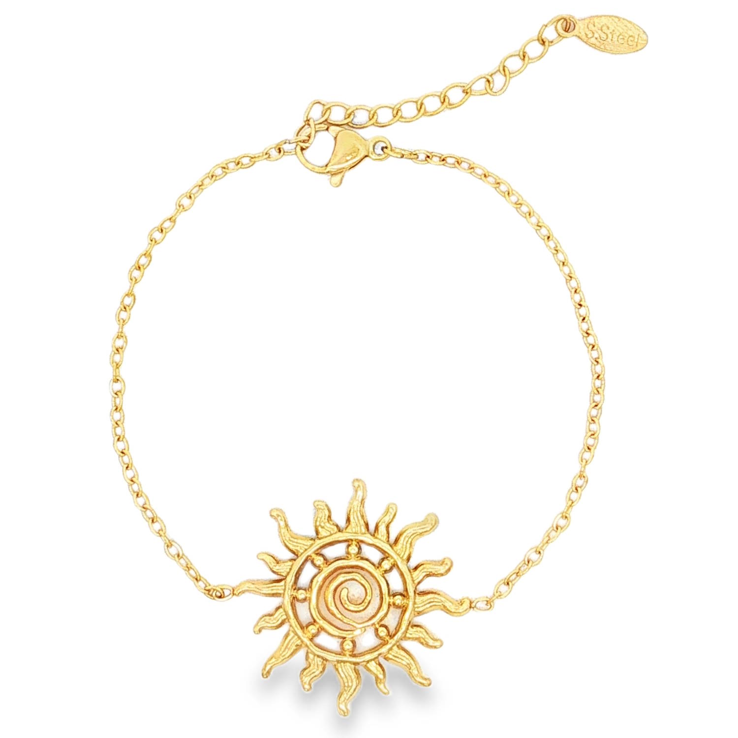 Ce bracelet délicat et lumineux en acier inoxydable capte parfaitement la lumière grâce à son design d'inspiration céleste.<br/>Le bracelet met à l'honneur un magnifique motif de soleil stylisé. Le centre est orné d'une spirale texturée, entourée de petits picots en relief et de rayons ondulés qui évoquent la chaleur et le mouvement.<br/>Équipé d'une chaînette d'extension pour s'adapter parfaitement à toutes les morphologies de poignets. Soleil Adolescent Adulte Femme Fille Indémodable Nature Ce bracelet délicat et lumineux en acier inoxydable capte parfaitement la lumière grâce à son design d'inspiration céleste.<br/>Le bracelet met à l'honneur un magnifique motif de soleil stylisé. Le centre est orné d'une spirale texturée, entourée de petits picots en relief et de rayons ondulés qui évoquent la chaleur et le mouvement.<br/>Équipé d'une chaînette d'extension pour s'adapter parfaitement à toutes les morphologies de poignets. Soleil Adolescent Adulte Femme Fille Indémodable Nature