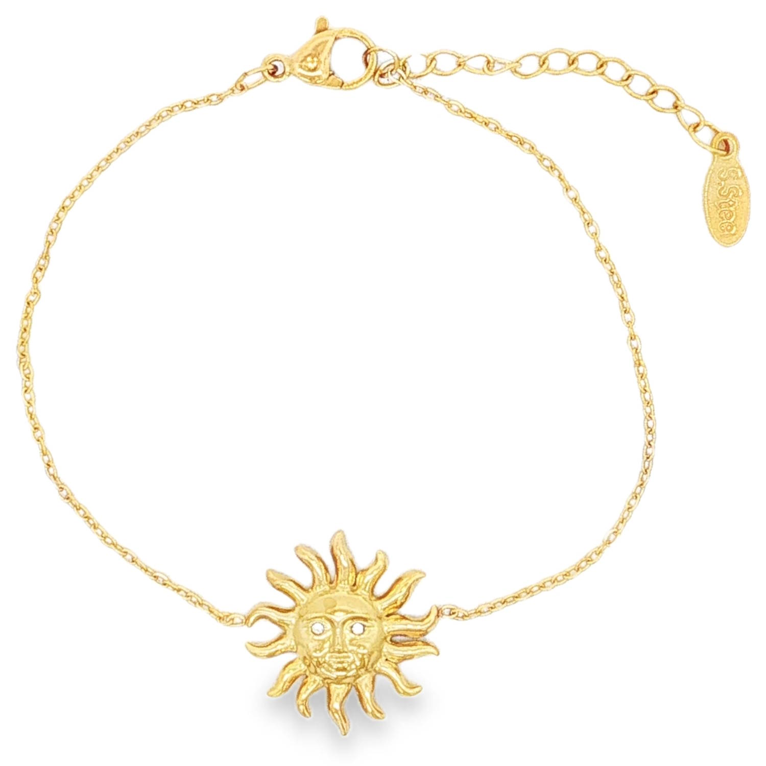 Ce magnifique bracelet en acier inoxydable arbore un design à la fois céleste et intemporel. Délicat et lumineux, il apporte une touche de chaleur et de mystère à votre poignet.<br/>Le bracelet est mis en valeur par un magnifique pendentif central en forme de soleil anthropomorphe (avec un visage). Ses rayons ondulés captent superbement la lumière.<br/>Les yeux du soleil sont incrustés de deux petits cristaux brillants.<br/>Équipé d'une chaînette d'extension pour s'adapter parfaitement à toutes les morphologies de poignets. Soleil Adolescent Adulte Femme Fille Indémodable Nature Ce magnifique bracelet en acier inoxydable arbore un design à la fois céleste et intemporel. Délicat et lumineux, il apporte une touche de chaleur et de mystère à votre poignet.<br/>Le bracelet est mis en valeur par un magnifique pendentif central en forme de soleil anthropomorphe (avec un visage). Ses rayons ondulés captent superbement la lumière.<br/>Les yeux du soleil sont incrustés de deux petits cristaux brillants.<br/>Équipé d'une chaînette d'extension pour s'adapter parfaitement à toutes les morphologies de poignets. Soleil Adolescent Adulte Femme Fille Indémodable Nature