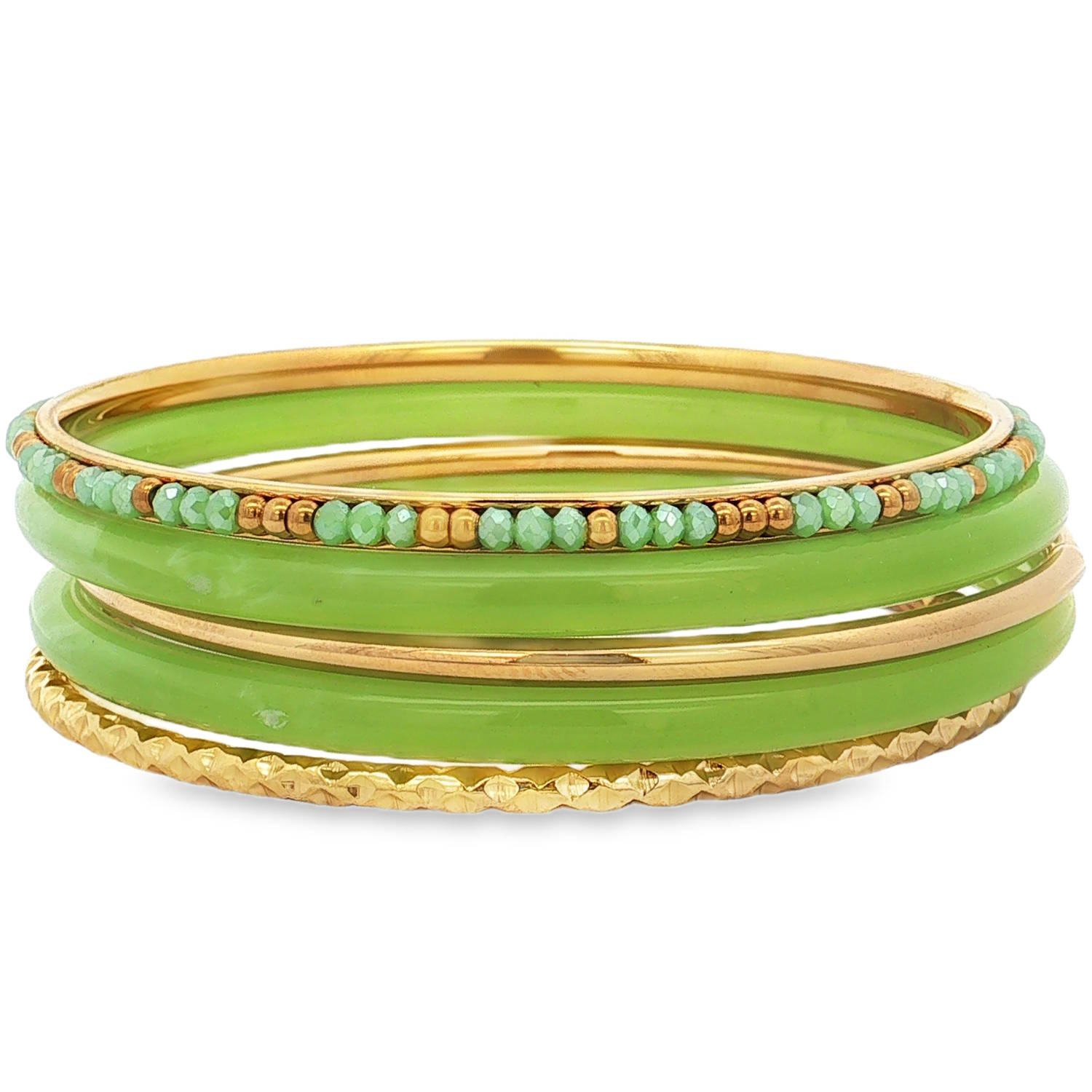 Cet élégant ensemble de 5 bracelets empilables (style bangle) associe avec finesse la chaleur du métal doré à la douceur de teintes bleutées, offrant un design à la fois moderne et intemporel.<br/>Deux bracelets épais à la finition lisse et arrondie, arborant une délicate nuance verte pastel translucide.<br/>Un jonc fin orné d'une alternance régulière de petites perles facettées vertes et de perles dorées lisses, apportant une touche de texture et d'éclat.<br/>Un bracelet jonc en acier doré travaillé avec un effet diamanté qui accroche magnifiquement la lumière et un bracelet jonc fin et lisse en acier doré.<br/>L'ensemble se compose de plusieurs pièces distinctes conçues pour être portées ensemble ou séparément. Jonc Lot Perle Adolescent Adulte Eté Femme Fille Printemps Cet élégant ensemble de 5 bracelets empilables (style bangle) associe avec finesse la chaleur du métal doré à la douceur de teintes bleutées, offrant un design à la fois moderne et intemporel.<br/>Deux bracelets épais à la finition lisse et arrondie, arborant une délicate nuance verte pastel translucide.<br/>Un jonc fin orné d'une alternance régulière de petites perles facettées vertes et de perles dorées lisses, apportant une touche de texture et d'éclat.<br/>Un bracelet jonc en acier doré travaillé avec un effet diamanté qui accroche magnifiquement la lumière et un bracelet jonc fin et lisse en acier doré.<br/>L'ensemble se compose de plusieurs pièces distinctes conçues pour être portées ensemble ou séparément. Jonc Lot Perle Adolescent Adulte Eté Femme Fille Printemps