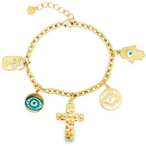 Ce bracelet à breloques en acier doré est une expression de style personnelle. Chaque breloque raconte une histoire, des symboles religieux aux motifs de yeux protecteurs, ajoutant une dimension spirituelle et tendance. Idéal pour superposer ou porter seul, il apporte une touche d'éclat doré à votre poignet.