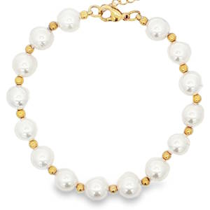 Ce bracelet de perles délicat est rehaussé d'accents dorés, incarnant une élégance discrète. Les perles rondes, avec leur éclat nacré doux, sont montées sur une chaîne en acier doré éclatante, offrant un contraste chaleureux. Un bijou raffiné qui ajoute une touche de sophistication à toute tenue, parfait pour toutes les occasions. Fermoir mousqueton avec 3 cm de rallonge.