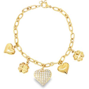 Laissez-vous séduire par ce bracelet à breloques en acier doré, une ode à la fantaisie. Chaque pendentif, délicatement suspendu à la chaîne, raconte une histoire, offrant un éclat discret mais raffiné à votre poignet. Un bijou polyvalent, parfait pour ajouter une touche de charme à votre allure quotidienne.