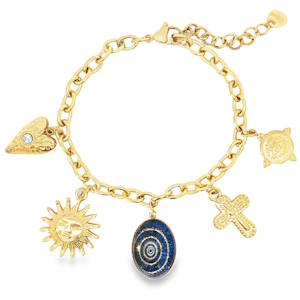 Arborez un style unique avec ce bracelet à breloques en acier doré. Ce bijou scintillant présente des motifs gravés et un design original, idéal pour exprimer votre personnalité avec élégance et raffinement. Un accessoire parfait pour rehausser votre look quotidien.