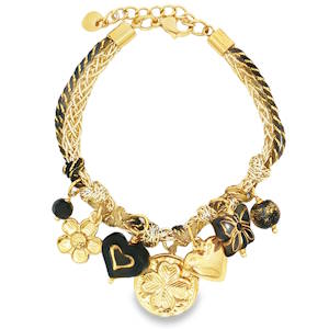 Ce bracelet à breloques est un accessoire de mode unique. Le bracelet est composé de chaînes en métal non précieux dorées et tressées avec du fil noir. Il est orné de diverses breloques en acier doré, incluant un trèfle à quatre feuilles, un cœur et une fleur. Un bijou original pour agrémenter votre style.