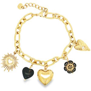 Ce bracelet à breloques dorées est une pièce pleine de charme et d'élégance. Fabriqué en acier doré rayonnant, il est orné de divers pendentifs symboliques qui captivent le regard. Son design sophistiqué en fait l'accessoire idéal pour ajouter une touche d'éclat à votre style.