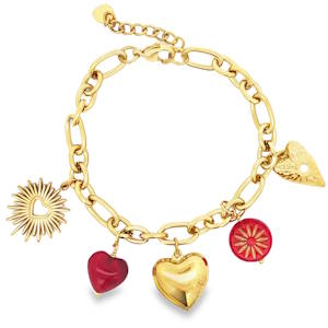 Ce bracelet à breloques dorées est une pièce pleine de charme et d'élégance. Fabriqué en acier doré rayonnant, il est orné de divers pendentifs symboliques qui captivent le regard. Son design sophistiqué en fait l'accessoire idéal pour ajouter une touche d'éclat à votre style.