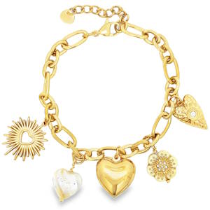 Ce bracelet à breloques dorées est une pièce pleine de charme et d'élégance. Fabriqué en acier doré rayonnant, il est orné de divers pendentifs symboliques qui captivent le regard. Son design sophistiqué en fait l'accessoire idéal pour ajouter une touche d'éclat à votre style.