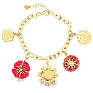 Laissez le soleil illuminer votre style avec ce charmant bracelet. Composé d'une chaîne en acier doré éclatant, il est orné de breloques florales et solaires qui évoquent la joie et la vitalité. Un accessoire tendance pour ajouter une touche d'éclat à votre quotidien.
