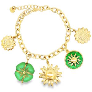Laissez le soleil illuminer votre style avec ce charmant bracelet. Composé d'une chaîne en acier doré éclatant, il est orné de breloques florales et solaires qui évoquent la joie et la vitalité. Un accessoire tendance pour ajouter une touche d'éclat à votre quotidien.