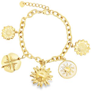 Laissez le soleil illuminer votre style avec ce charmant bracelet. Composé d'une chaîne en acier doré éclatant, il est orné de breloques florales et solaires qui évoquent la joie et la vitalité. Un accessoire tendance pour ajouter une touche d'éclat à votre quotidien.