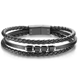 Bracelet multi rangs en cuir noir et en acier argenté et noir.