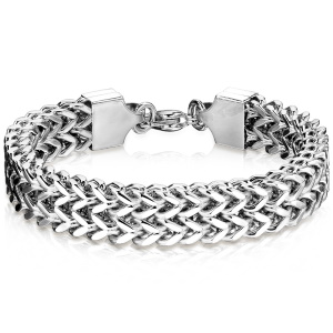 Bracelet composé d'une chaîne double rangée maille épi de blé en acier argenté.