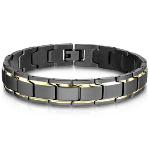 Bracelet en acier inoxydable noir mat avec maillons dorés.