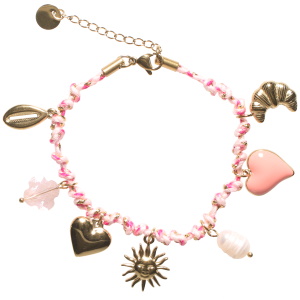 Bracelet composé d'un cordon de couleur rose avec fil doré, de breloques en forme de croissant, de cœur, de coquillage cauri et de soleil avec visage en acier doré et de breloques perle synthétique, un trèfle à 4 feuilles en pierre rose et un cœur pavé d'émail rose. Fermoir mousqueton avec 3 cm de rallonge.