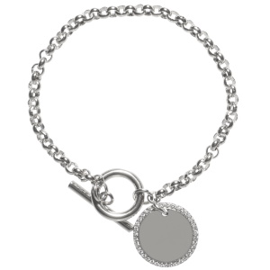 Bracelet composé d'une chaîne avec un fermoir cabillaud en acier argenté et d'une pastille ronde en acier argenté sertie de strass.
