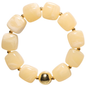 Bracelet élastique composé de perles en acier doré et de pierres dorées de forme cubique.