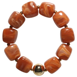 Bracelet élastique composé de perles en acier doré et de pierres marrons de forme cubique.
