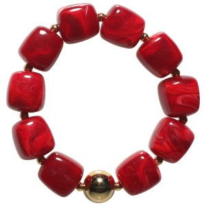 Bracelet élastique composé de perles en acier doré et de pierres rouges de forme cubique.