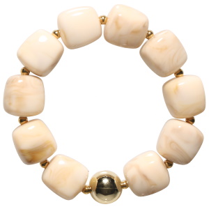 Bracelet élastique composé de perles en acier doré et de pierres blanches de forme cubique.
