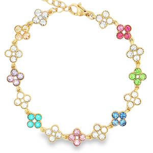 Apportez une touche de fraîcheur et d'éclat à votre poignet avec ce magnifique bracelet en acier inoxydable de haute qualité, fini d'un placage doré raffiné. Son design délicat s'inspire de la nature pour créer un bijou à la fois moderne et intemporel. Le bracelet se distingue par ses maillons en forme de trèfles délicats, chacun serti de cristaux scintillants. L'alternance de couleurs crée un effet visuel dynamique et printanier. Des nuances de rose fuchsia, vert prairie, bleu royal, turquoise, violet lavande et rose poudré. Équipé d'une chaînette d'extension et d'un fermoir mousqueton sécurisé, il s'adapte à toutes les morphologies de poignet.