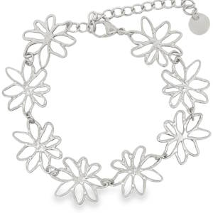 Ce délicat bracelet chaîne en acier argenté offre une esthétique florale raffinée. Chaque fleur, finement travaillée, apporte une touche de féminité et de lumière. Sa conception légère et élégante en fait un accessoire parfait pour sublimer votre poignet au quotidien. Fermoir mousqueton avec 3 cm de rallonge.