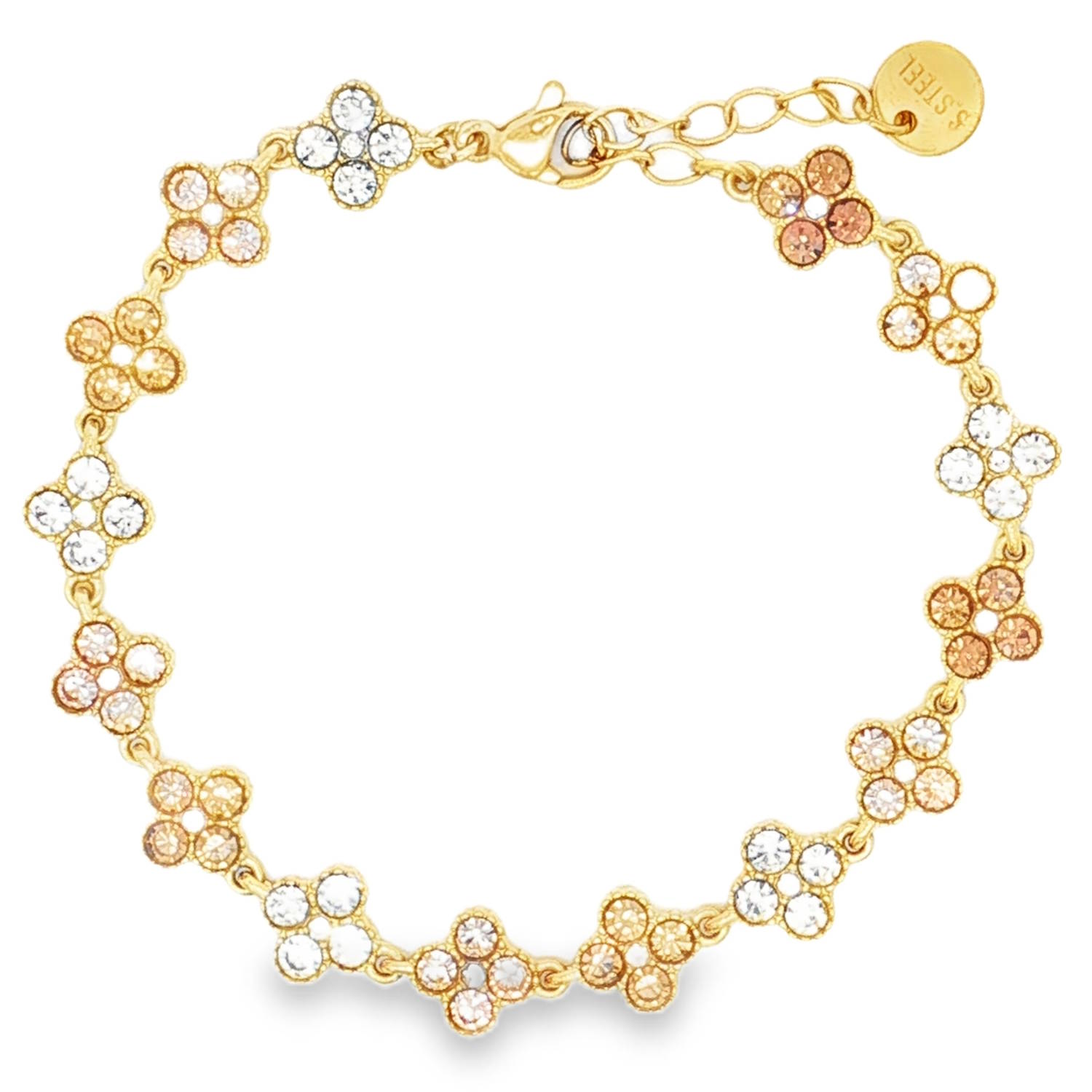 Apportez une touche de fraîcheur et d'éclat à votre poignet avec ce magnifique bracelet en acier inoxydable de haute qualité, fini d'un placage doré raffiné. Son design délicat s'inspire de la nature pour créer un bijou à la fois moderne et intemporel.<br/>Le bracelet est composé d'une succession de motifs en forme de trèfles à quatre feuilles (ou fleurs), symboles de chance et de bonheur.<br/>Chaque trèfle est serti de cristaux scintillants. L'alternance de teintes — blanc pur, champagne doré et rose ambré — crée un dégradé chaleureux et sophistiqué.<br/>Équipé d'une chaînette d'extension et d'un fermoir mousqueton sécurisé, il s'adapte à toutes les morphologies de poignet. Strass Trèfle Adolescent Adulte Femme Fille Fleurs Indémodable Nature Apportez une touche de fraîcheur et d'éclat à votre poignet avec ce magnifique bracelet en acier inoxydable de haute qualité, fini d'un placage doré raffiné. Son design délicat s'inspire de la nature pour créer un bijou à la fois moderne et intemporel.<br/>Le bracelet est composé d'une succession de motifs en forme de trèfles à quatre feuilles (ou fleurs), symboles de chance et de bonheur.<br/>Chaque trèfle est serti de cristaux scintillants. L'alternance de teintes — blanc pur, champagne doré et rose ambré — crée un dégradé chaleureux et sophistiqué.<br/>Équipé d'une chaînette d'extension et d'un fermoir mousqueton sécurisé, il s'adapte à toutes les morphologies de poignet. Strass Trèfle Adolescent Adulte Femme Fille Fleurs Indémodable Nature