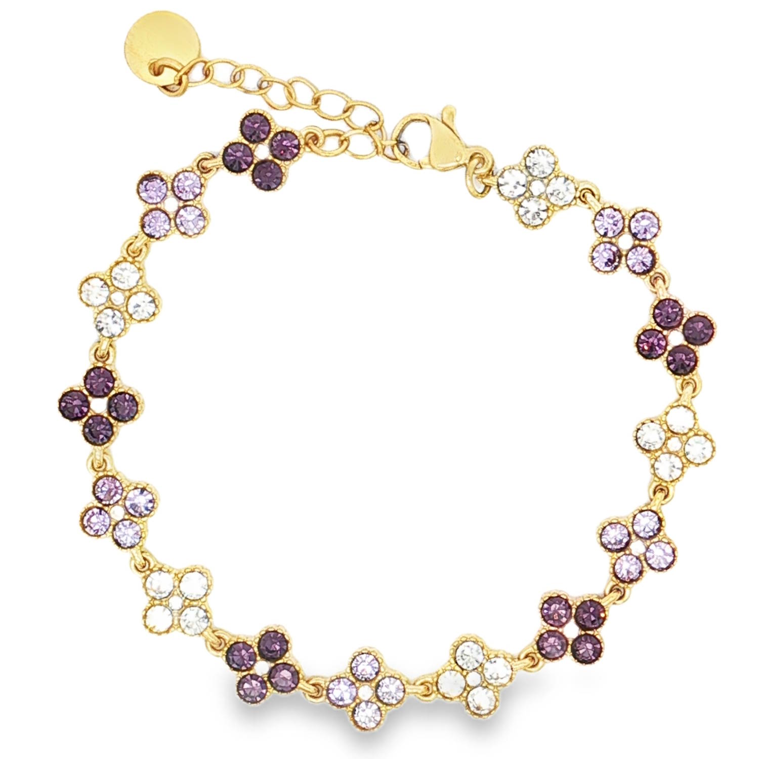 Apportez une touche de fraîcheur et d'éclat à votre poignet avec ce magnifique bracelet en acier inoxydable de haute qualité, fini d'un placage doré raffiné. Son design délicat s'inspire de la nature pour créer un bijou à la fois moderne et intemporel.<br/>Ce bracelet se compose d’une succession de motifs en forme de trèfles à quatre feuilles, symbole de chance et de raffinement. Chaque trèfle est méticuleusement serti de cristaux scintillants, créant un jeu de lumière constant au poignet.<br/>Une alternance harmonieuse de trois coloris — blanc pur, lilas tendre et violet profond (améthyste) — qui permet de l'assortir facilement à différentes tenues.<br/>Équipé d'une chaînette d'extension et d'un fermoir mousqueton sécurisé, il s'adapte à toutes les morphologies de poignet. Strass Trèfle Adolescent Adulte Femme Fille Fleurs Indémodable Nature Apportez une touche de fraîcheur et d'éclat à votre poignet avec ce magnifique bracelet en acier inoxydable de haute qualité, fini d'un placage doré raffiné. Son design délicat s'inspire de la nature pour créer un bijou à la fois moderne et intemporel.<br/>Ce bracelet se compose d’une succession de motifs en forme de trèfles à quatre feuilles, symbole de chance et de raffinement. Chaque trèfle est méticuleusement serti de cristaux scintillants, créant un jeu de lumière constant au poignet.<br/>Une alternance harmonieuse de trois coloris — blanc pur, lilas tendre et violet profond (améthyste) — qui permet de l'assortir facilement à différentes tenues.<br/>Équipé d'une chaînette d'extension et d'un fermoir mousqueton sécurisé, il s'adapte à toutes les morphologies de poignet. Strass Trèfle Adolescent Adulte Femme Fille Fleurs Indémodable Nature