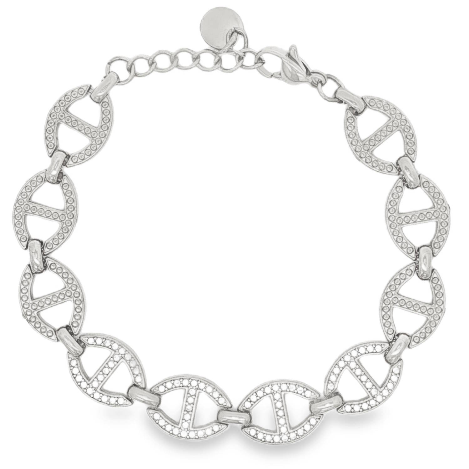 Ce bracelet élégant revisite avec modernité le grand classique du maillon grain de café stylisé. Alliant robustesse et raffinement, c’est une pièce lumineuse qui habillera votre poignet en toute occasion.<br/>Le bracelet est composé d'une succession de maillons ovales évidés, reliés par de petits anneaux polis pour une fluidité parfaite sur le poignet.<br/>Certains maillons sont délicatement sertis d'un pavage de cristaux transparents, captant la lumière à chaque mouvement pour un effet scintillant irrésistible.<br/>Fermoir mousqueton sécurisé avec chaînette de réglage pour s'adapter à tous les poignets. Grain de café Strass Adolescent Adulte Femme Fille Indémodable Ce bracelet élégant revisite avec modernité le grand classique du maillon grain de café stylisé. Alliant robustesse et raffinement, c’est une pièce lumineuse qui habillera votre poignet en toute occasion.<br/>Le bracelet est composé d'une succession de maillons ovales évidés, reliés par de petits anneaux polis pour une fluidité parfaite sur le poignet.<br/>Certains maillons sont délicatement sertis d'un pavage de cristaux transparents, captant la lumière à chaque mouvement pour un effet scintillant irrésistible.<br/>Fermoir mousqueton sécurisé avec chaînette de réglage pour s'adapter à tous les poignets. Grain de café Strass Adolescent Adulte Femme Fille Indémodable