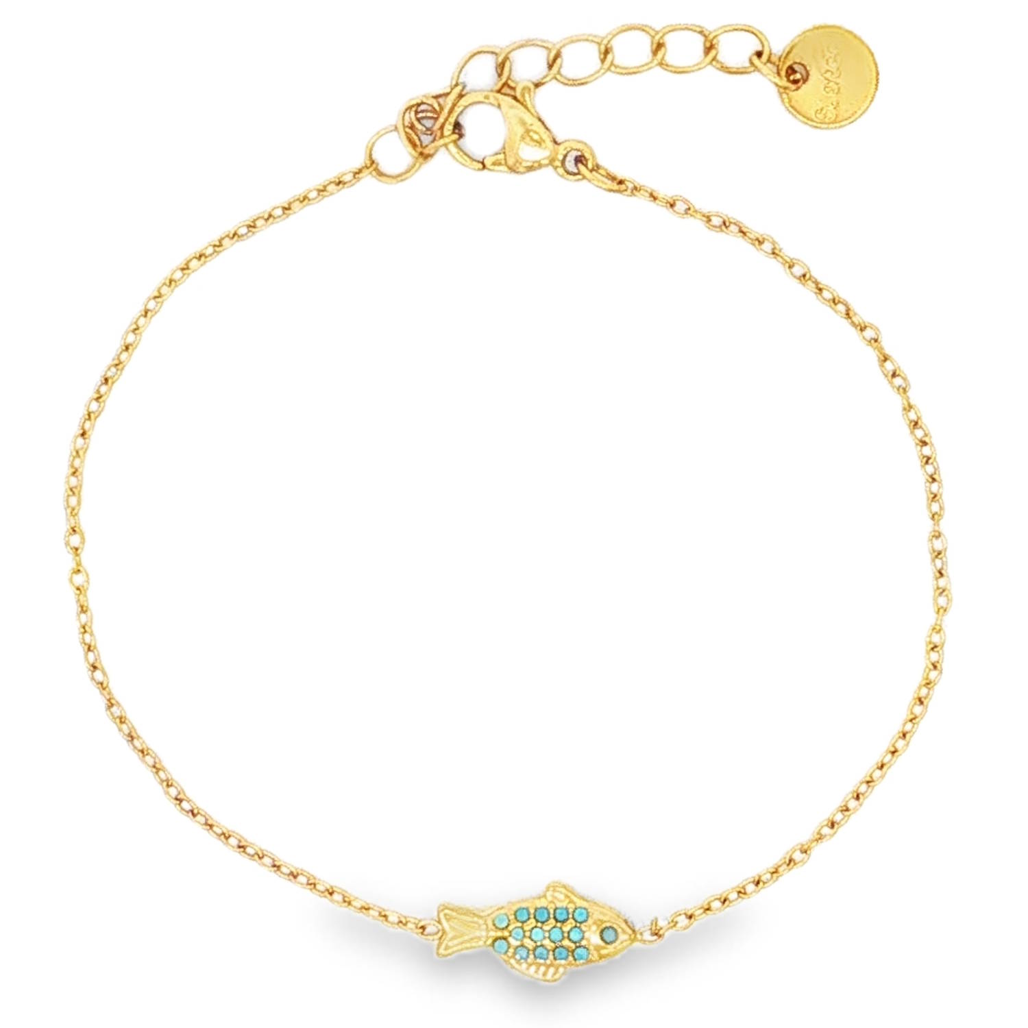 Ce bracelet délicat allie finesse et originalité pour sublimer votre poignet avec une touche marine et colorée. Conçu en acier inoxydable de haute qualité avec une finition dorée éclatante, il est aussi résistant que raffiné.<br/>Le bracelet met en scène un charmant petit poisson finement sculpté. Son corps est pavé cristaux turquoise, apportant une note de fraîcheur et un contraste vibrant avec le doré.<br/>Équipé d'une chaînette d'extension permettant de régler la longueur pour l'adapter parfaitement à toutes les morphologies de poignet. Poisson Strass Adolescent Adulte Animaux Femme Fille Indémodable Nature Ce bracelet délicat allie finesse et originalité pour sublimer votre poignet avec une touche marine et colorée. Conçu en acier inoxydable de haute qualité avec une finition dorée éclatante, il est aussi résistant que raffiné.<br/>Le bracelet met en scène un charmant petit poisson finement sculpté. Son corps est pavé cristaux turquoise, apportant une note de fraîcheur et un contraste vibrant avec le doré.<br/>Équipé d'une chaînette d'extension permettant de régler la longueur pour l'adapter parfaitement à toutes les morphologies de poignet. Poisson Strass Adolescent Adulte Animaux Femme Fille Indémodable Nature