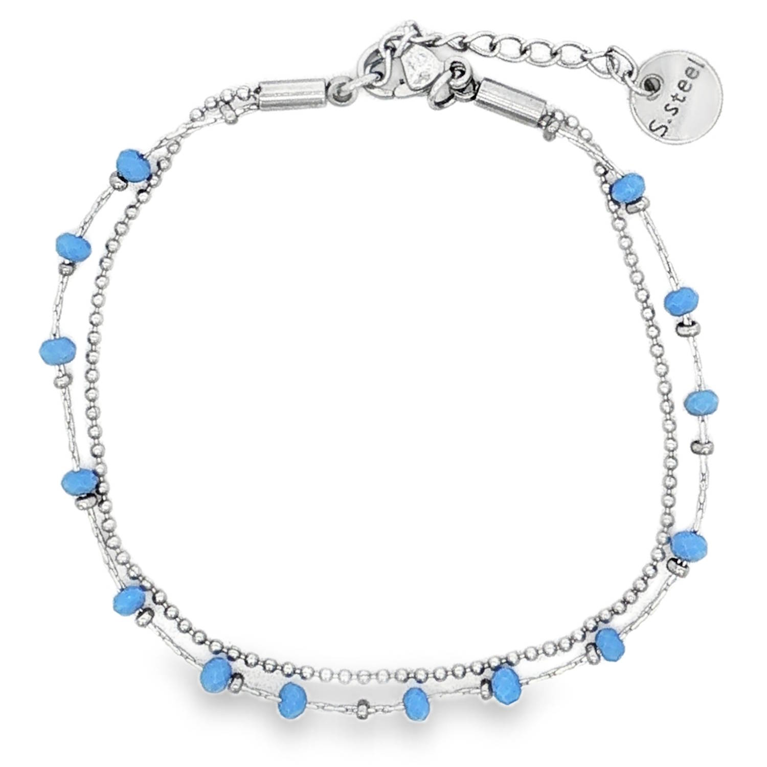 Ce bracelet double rang incarne une élégance moderne et décontractée, mêlant la robustesse de l’acier à la délicatesse de touches colorées. C’est un accessoire polyvalent, conçu pour celles qui recherchent un bijou à la fois discret et raffiné.<br/>Le premier rang se compose d'une chaîne bille classique en acier argenté, fluide et minimaliste, qui apporte une brillance constante et uniforme.<br/>Une chaîne plus travaillée, ponctuée de petites perles d'un bleu éclatant. Ces perles présentent une taille facettée qui accroche la lumière à chaque mouvement du poignet.<br/>Équipé d'une chaînette d'extension permettant de régler la longueur pour l'adapter parfaitement à toutes les morphologies de poignet. Multirangs Perle Adolescent Adulte Femme Fille Indémodable Ce bracelet double rang incarne une élégance moderne et décontractée, mêlant la robustesse de l’acier à la délicatesse de touches colorées. C’est un accessoire polyvalent, conçu pour celles qui recherchent un bijou à la fois discret et raffiné.<br/>Le premier rang se compose d'une chaîne bille classique en acier argenté, fluide et minimaliste, qui apporte une brillance constante et uniforme.<br/>Une chaîne plus travaillée, ponctuée de petites perles d'un bleu éclatant. Ces perles présentent une taille facettée qui accroche la lumière à chaque mouvement du poignet.<br/>Équipé d'une chaînette d'extension permettant de régler la longueur pour l'adapter parfaitement à toutes les morphologies de poignet. Multirangs Perle Adolescent Adulte Femme Fille Indémodable
