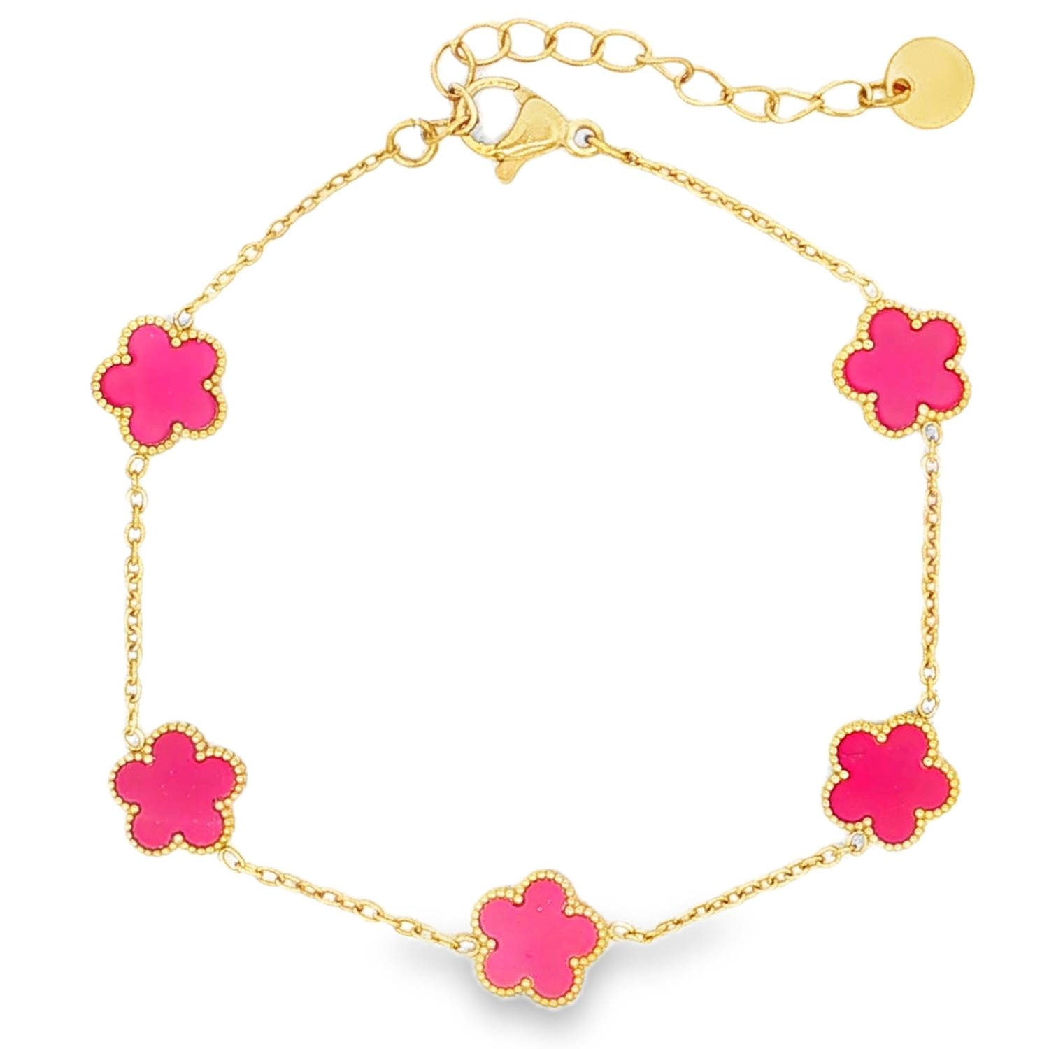 Ce bracelet allie élégance intemporelle et robustesse.<br/>Ce bracelet se distingue par son allure à la fois sophistiquée et moderne. Il est composé d'une chaîne fine et délicate en acier, ponctuée de cinq motifs de fleurs à cinq pétales.<br/>Chaque fleur arbore un cœur rose fuchsia vibrant, une couleur audacieuse qui attire l’œil et illumine le teint.<br/>Équipé d'une chaînette d'extension permettant de régler la longueur pour l'adapter parfaitement à toutes les morphologies de poignet. Adolescent Adulte Femme Fille Fleurs Indémodable Nature Ce bracelet allie élégance intemporelle et robustesse.<br/>Ce bracelet se distingue par son allure à la fois sophistiquée et moderne. Il est composé d'une chaîne fine et délicate en acier, ponctuée de cinq motifs de fleurs à cinq pétales.<br/>Chaque fleur arbore un cœur rose fuchsia vibrant, une couleur audacieuse qui attire l’œil et illumine le teint.<br/>Équipé d'une chaînette d'extension permettant de régler la longueur pour l'adapter parfaitement à toutes les morphologies de poignet. Adolescent Adulte Femme Fille Fleurs Indémodable Nature