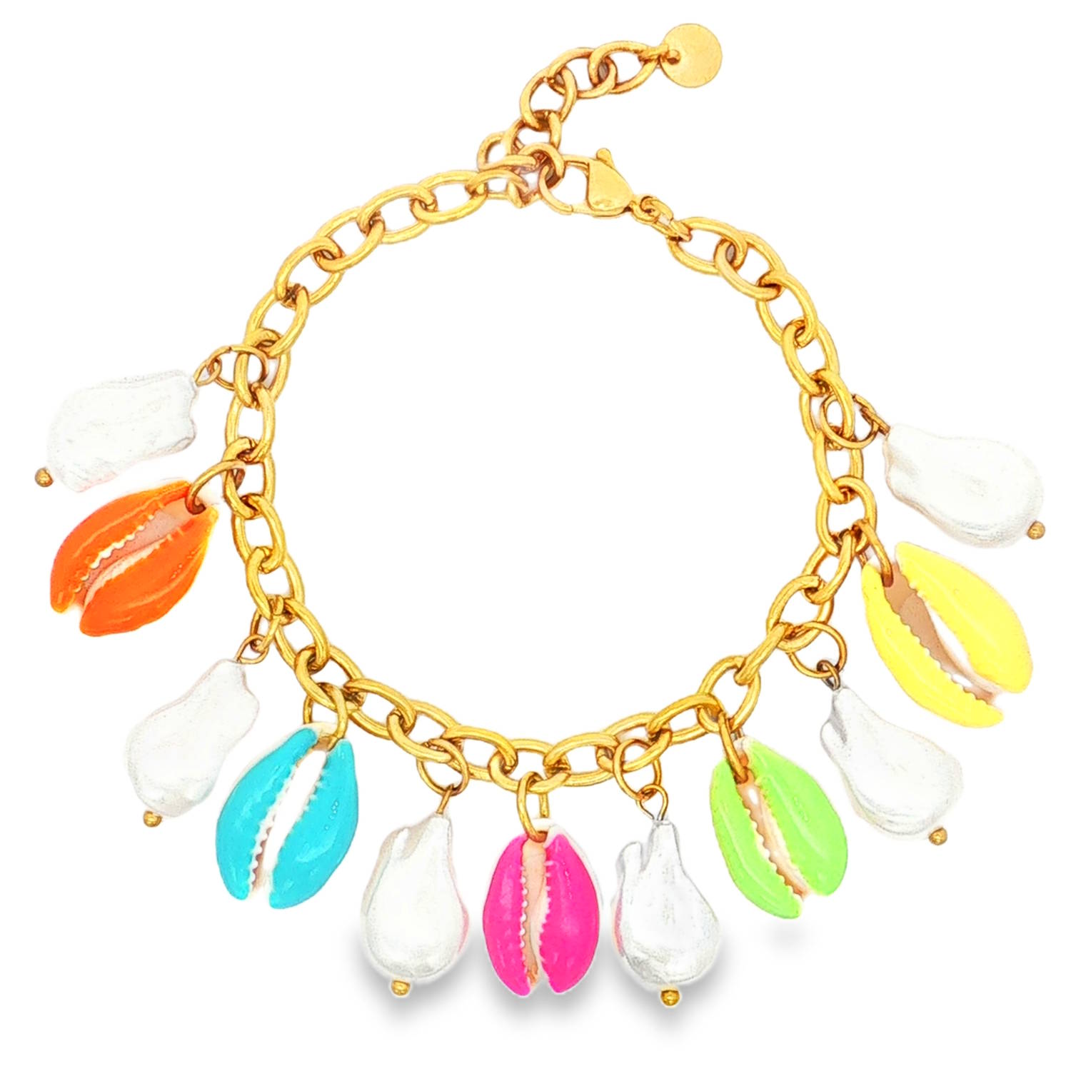 Ce bracelet captivant célèbre l'esprit des vacances et de l'océan. Conçu en acier inoxydable de haute qualité avec une finition dorée polie, il allie durabilité et élégance décontractée.<br/>Le bracelet met en avant cinq véritables cauris (coquillages) magnifiquement laqués dans des teintes néon et acidulées : orange vif, bleu azur, rose fuchsia, vert pomme et jaune soleil.<br/>Entre chaque coquillage coloré se trouve une perle baroque blanche à la forme organique, apportant une touche de douceur et de contraste avec les couleurs vives.<br/>Équipé d'une chaînette d'extension permettant d'adapter parfaitement la taille à toutes les morphologies de poignet. Coquillage Perle Adolescent Adulte Animaux Eté Femme Fille Nature Printemps Ce bracelet captivant célèbre l'esprit des vacances et de l'océan. Conçu en acier inoxydable de haute qualité avec une finition dorée polie, il allie durabilité et élégance décontractée.<br/>Le bracelet met en avant cinq véritables cauris (coquillages) magnifiquement laqués dans des teintes néon et acidulées : orange vif, bleu azur, rose fuchsia, vert pomme et jaune soleil.<br/>Entre chaque coquillage coloré se trouve une perle baroque blanche à la forme organique, apportant une touche de douceur et de contraste avec les couleurs vives.<br/>Équipé d'une chaînette d'extension permettant d'adapter parfaitement la taille à toutes les morphologies de poignet. Coquillage Perle Adolescent Adulte Animaux Eté Femme Fille Nature Printemps