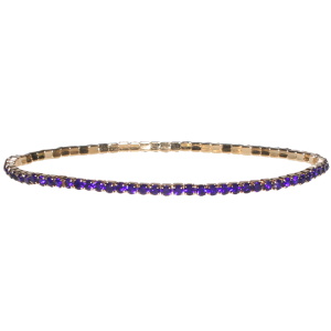 Bracelet fantaisie élastique en métal doré et strass en cristaux synthétiques violets.