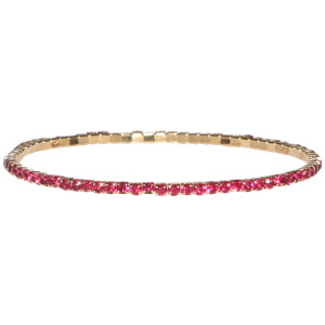 Bracelet fantaisie élastique en métal doré et strass en cristaux synthétiques roses.